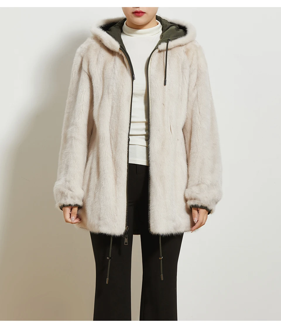 Fashion Women Winter Warm Mink Fur Coat Drawcord At Waist Reversible Hooded Outwear