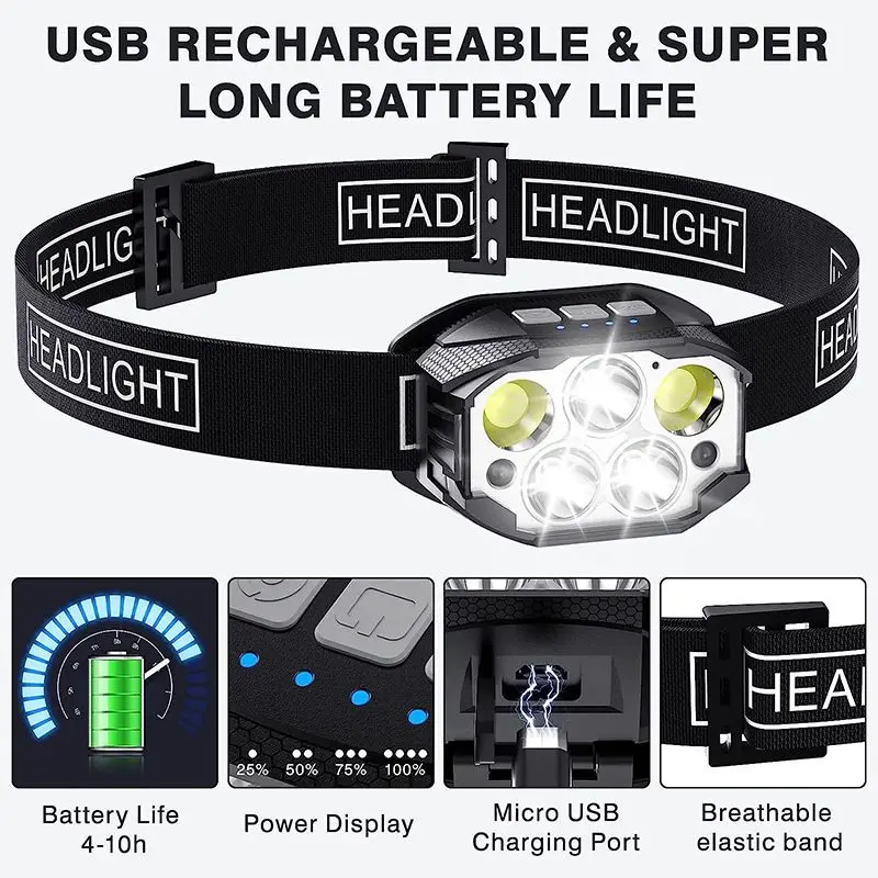 High Power LED Head Torch 1200 Lumen White Red Light Colors IP65 Waterproof Rechargeable Sensor Headlamps for Camping Hiking