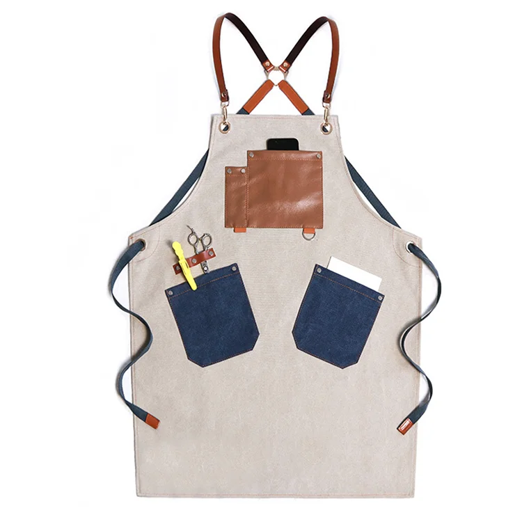 Custom Contrast Color Thick Canvas and Leather Gardening Salon Barbershop Crossback Apron with Pockets
