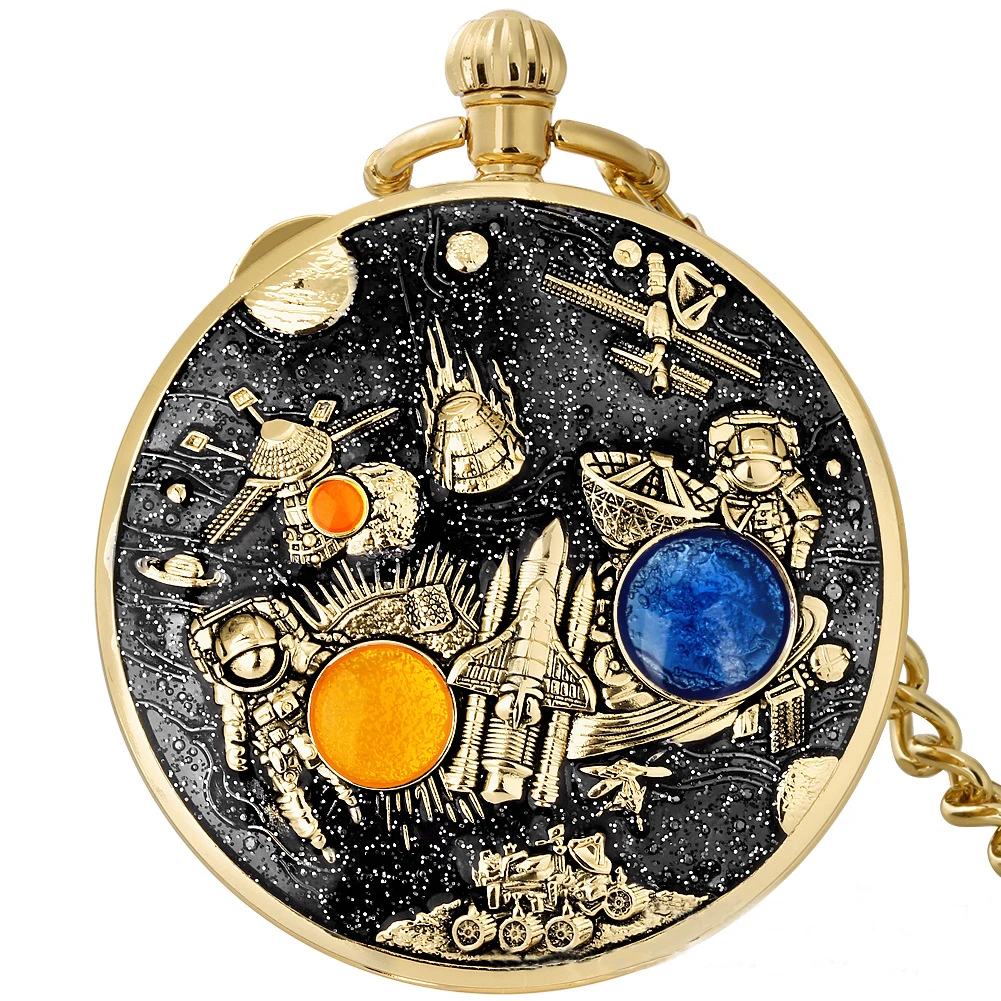 Hot selling quartz pocket watch dripping glue space station pattern sky city music pocket watch