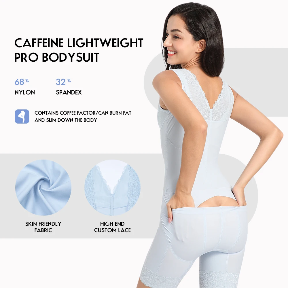 New Design One-piece Caffeine shaper plus size V-back lace slimming body suit lift hips waist trainer seamless shapewear