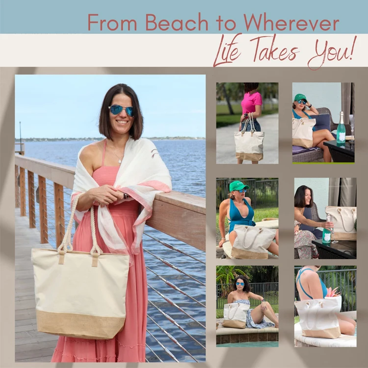 Eco Friendly Shopping Ladies Shoulder Bags Reusable Large Canvas Tote Beach Bag with Zipper and Inside Pockets