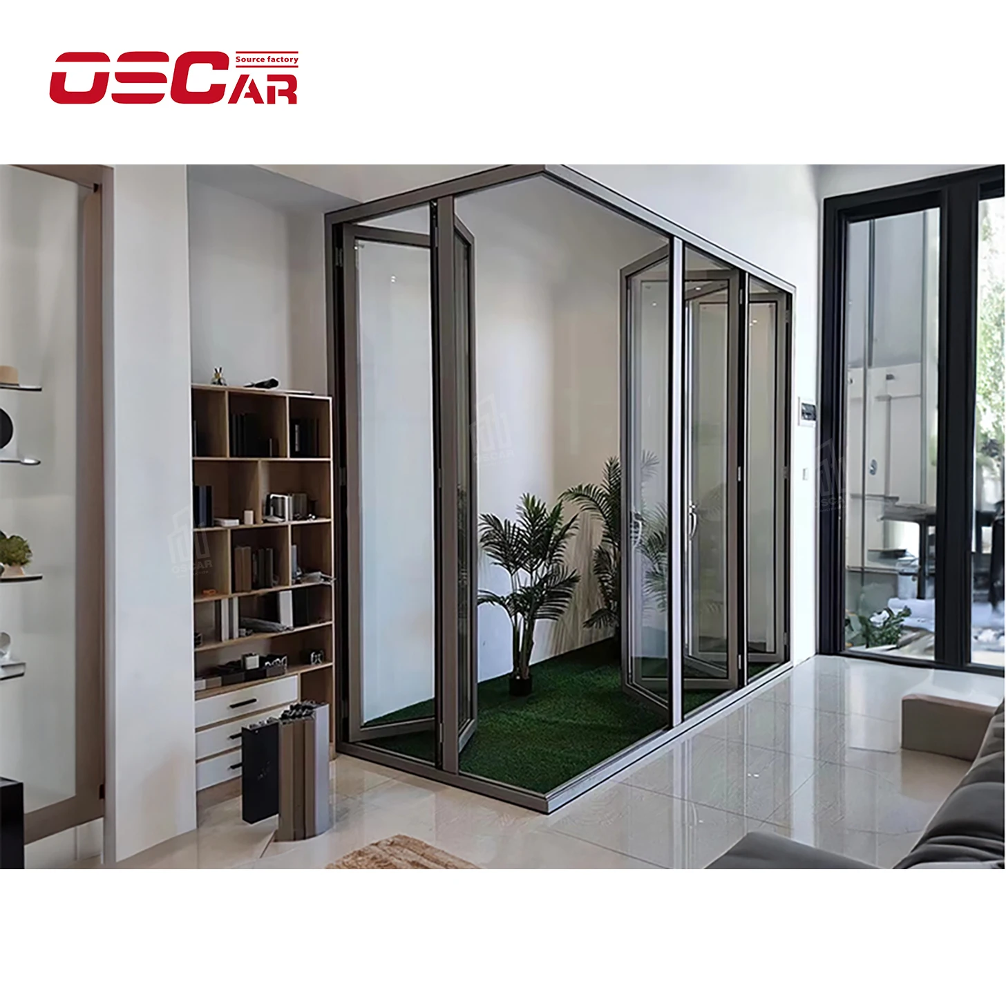 Oscaracso aluminium cheap sliding soundproof folding door partition wall 12mm tempered glass door prices frameless soundproof pa