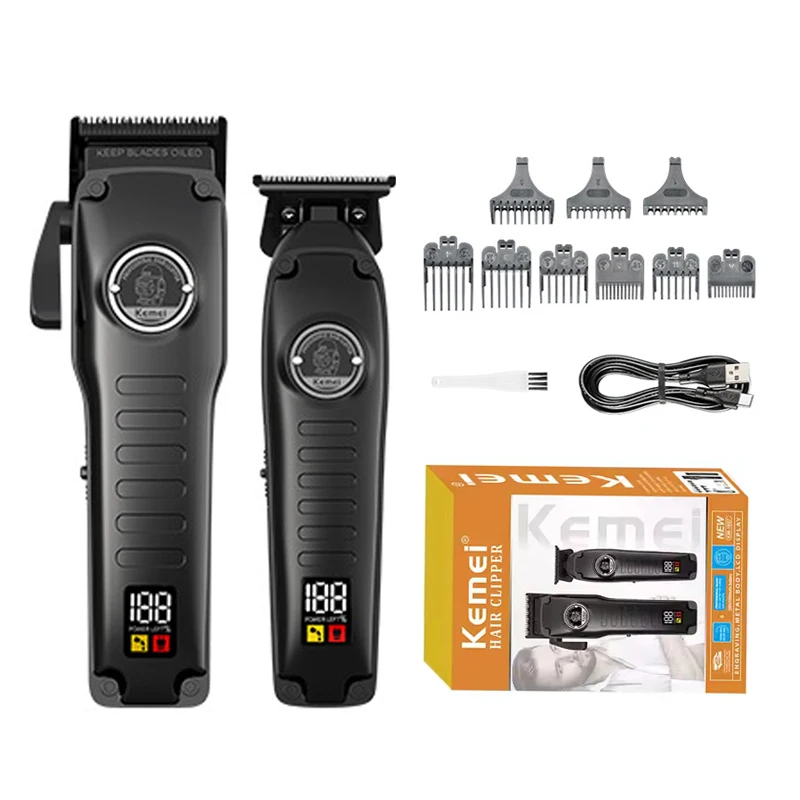 Kemei KM-1827 Professional Salon Hair Cutting Machine Rechargeable Electric Shaver with LED Display Metal Hair Clipper Kit