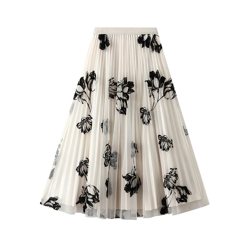 2024 Spring Autumn New Style Plush Flower Organza Skirt Reversible Wear Pleated Midi Skirt for Women Doublesided Wearing Design