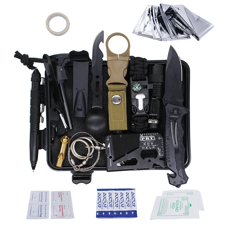 Portable Multifunction Outdoor Adventure EDC Gear Survival Kit with Foil Rescue Emergency Blanket