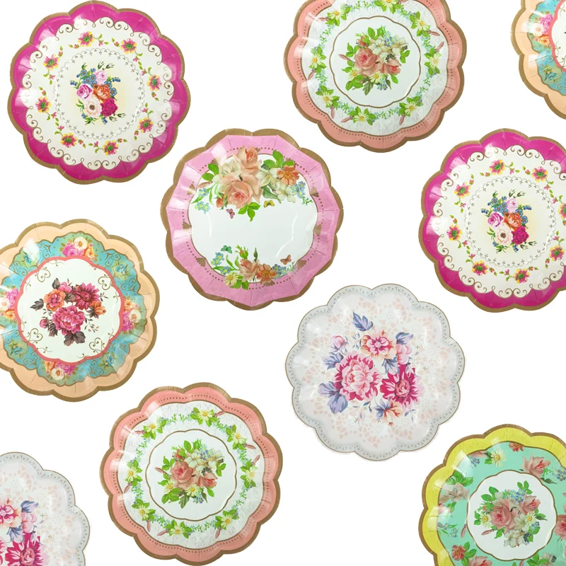 Six-color Set Custom Flower Theme Disposable Degradable Tableware Decoration Tea Party Paper Plates Birthday Party Supplies