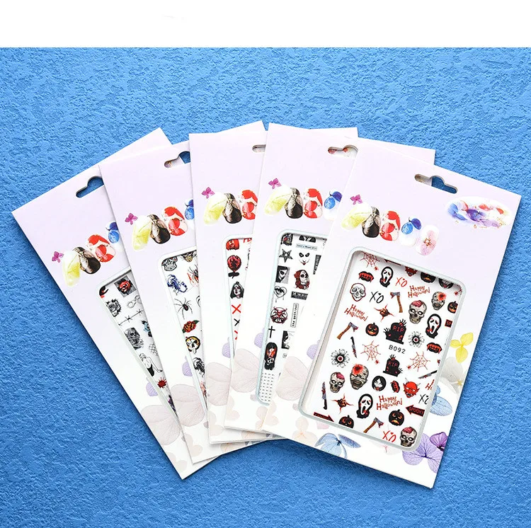 Wholesale 12 Design Halloween Nail Stickers Skull Nail Decals Strap Glue 3D Nail Stickers