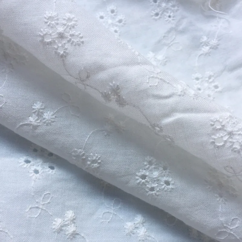 White Eyelet Floral Embroidered Cotton Lace Fabric For Dress Shirt