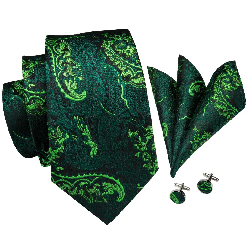Custom Logo Delicate Green Flower Men Silk Ties Jacquard Woven Embroidered Floral Necktie Set for Men