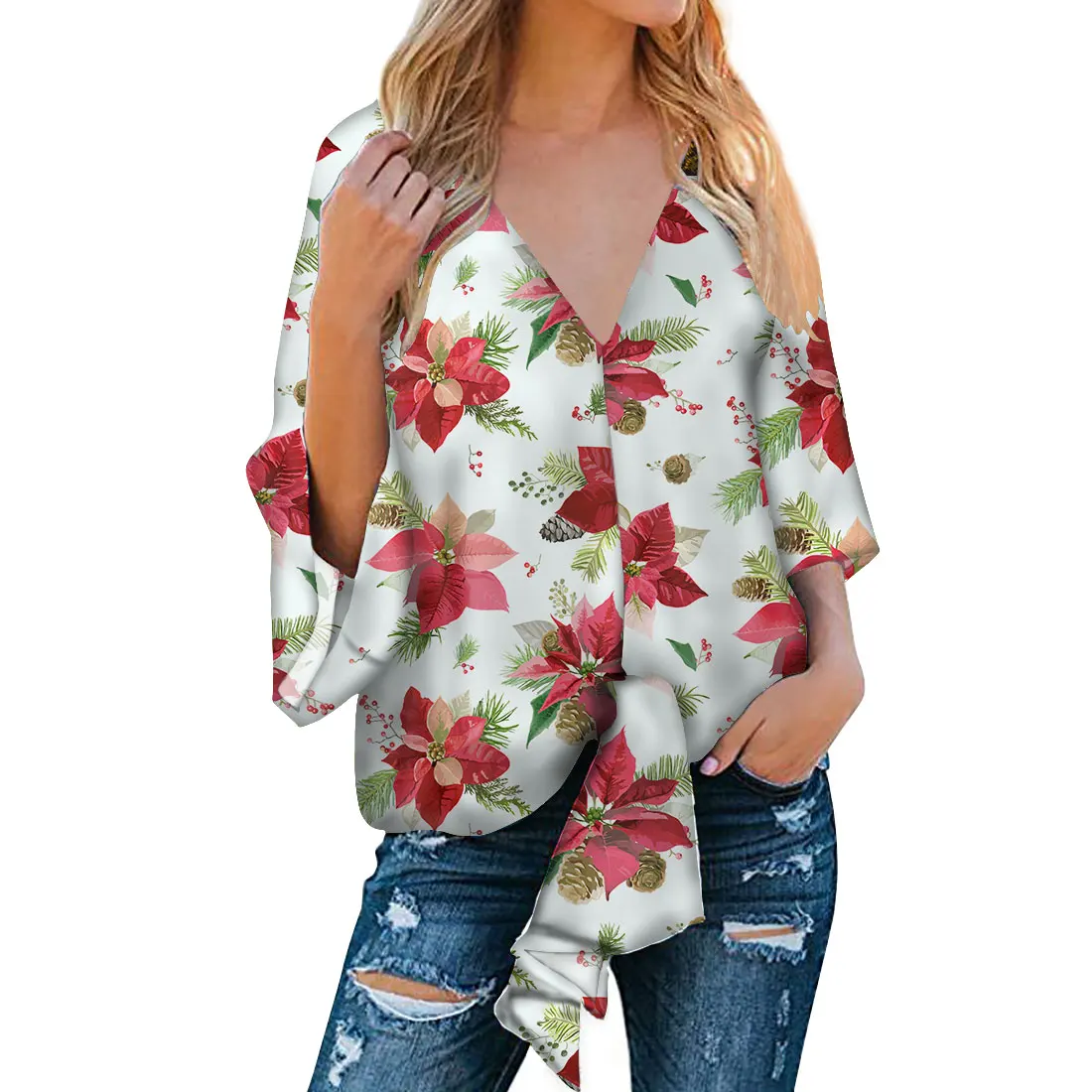 
Wholesale Customed Christmas Style Print Fashion Blouse Clothes Skin-friendly Printed Chiffon Fabric Women Blouses 