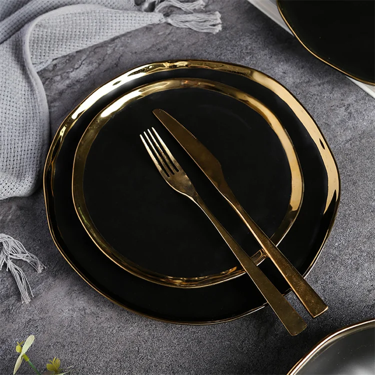 Wholesale custom modern european style matte black luxury dinner set ceramic dinnerware with gold rim