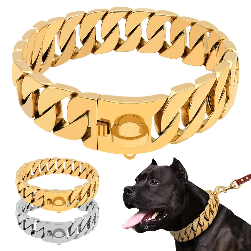 Metal Pet Training Choke Chain Gold Dog Collar for Small Medium Dog Accessories Stainless Steel Cuban Link Bulldog 32mm RIBBONS