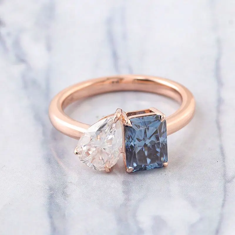 Custom 14k Rose Gold DEF Pear Cut Moissanite & 2ct Carat Radiant Cut Blue Grey Moissanite Double Diamond Wedding Ring For Bridal