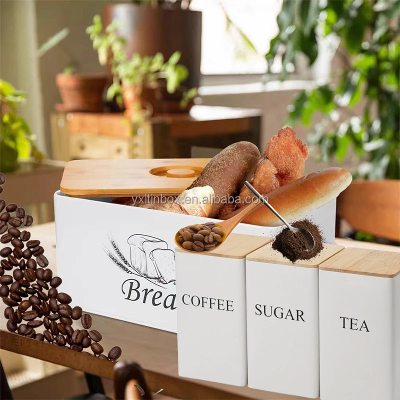 Kitchen Countertop Multifunction Food Storage Container white black Metal Bread Bin  round coffee sugar tea box with bamboo lid