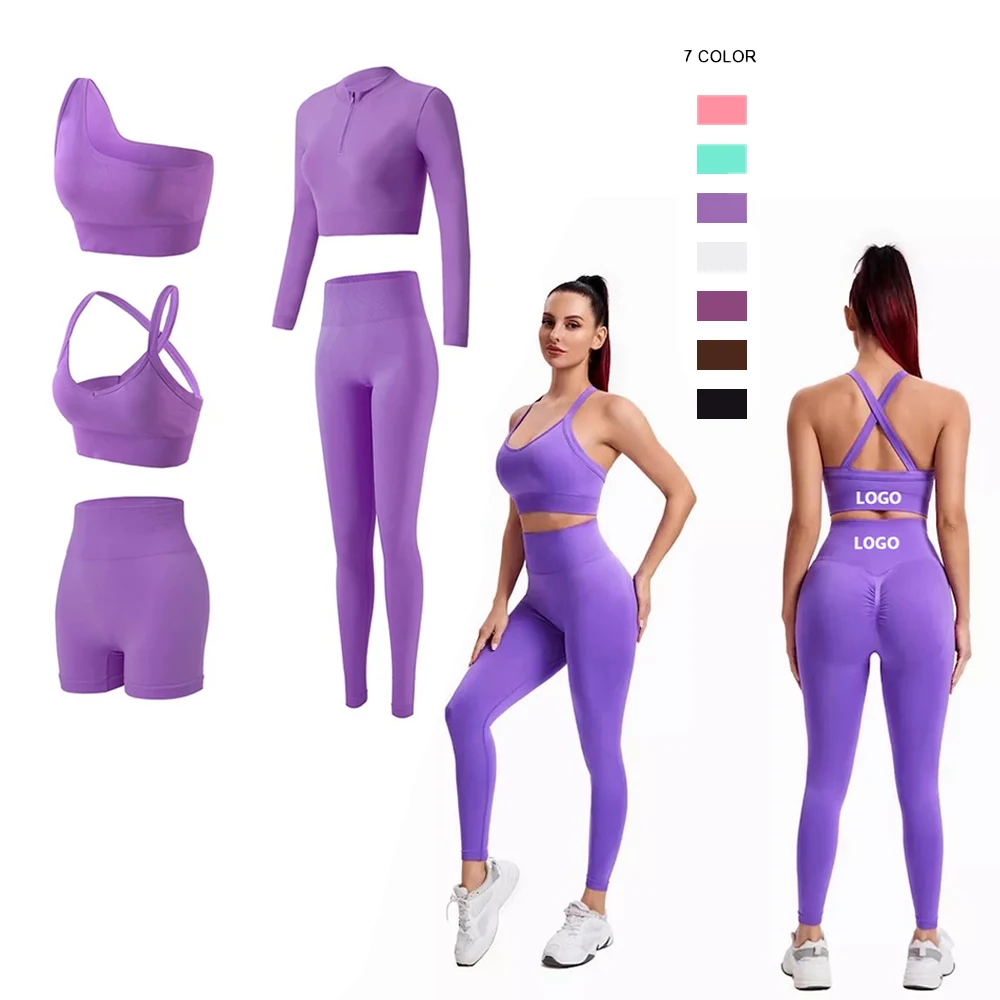 5 Pcs New Sexy Seamless Ropa De Yoga De Mujer Fitness Clothes for Women, Stylish Gym Bra + Top + Training Booty Shorts Leggings