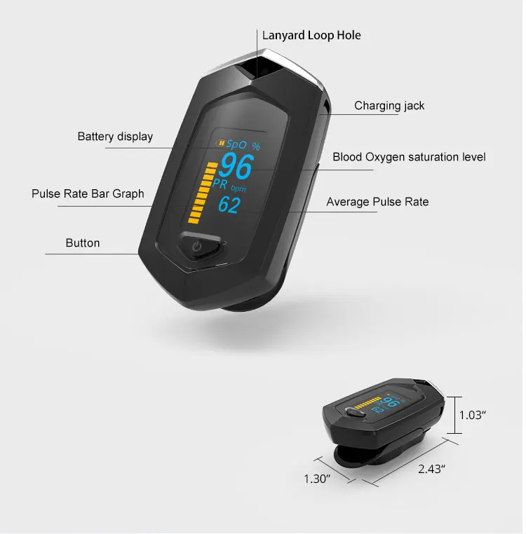 
Yonker USB recharge Jumper OLED blood oxygen Rate SPO2 Rechargeable finger pulse oximeter Monitor Black 