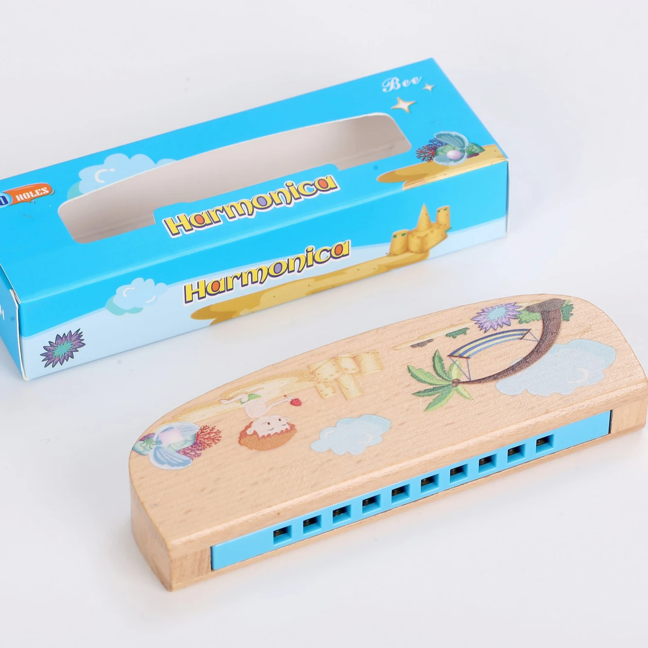 Bee brand new style 10 hole wood cover toy harmonica for kid,children