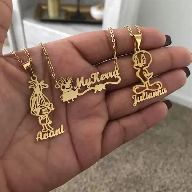 Luxury Fashion Real Gold 14K 18K Jewelry Ladies Chain Custom Signature Kids Name Cartoon Necklace Picture