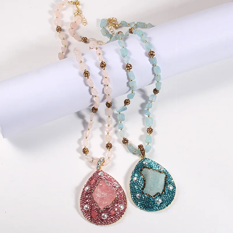 Aquamarine Rose Quartz Rhinestone Pava Ball Hematite Necklace Crystal Rough Pendant Necklace