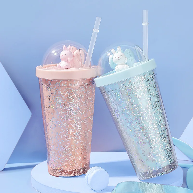 SHUMON Stars Glitter Shiny Clear Tumbler with Straw Bubble Milk Tea Drinking Plastic Cup Sample Available Bottles