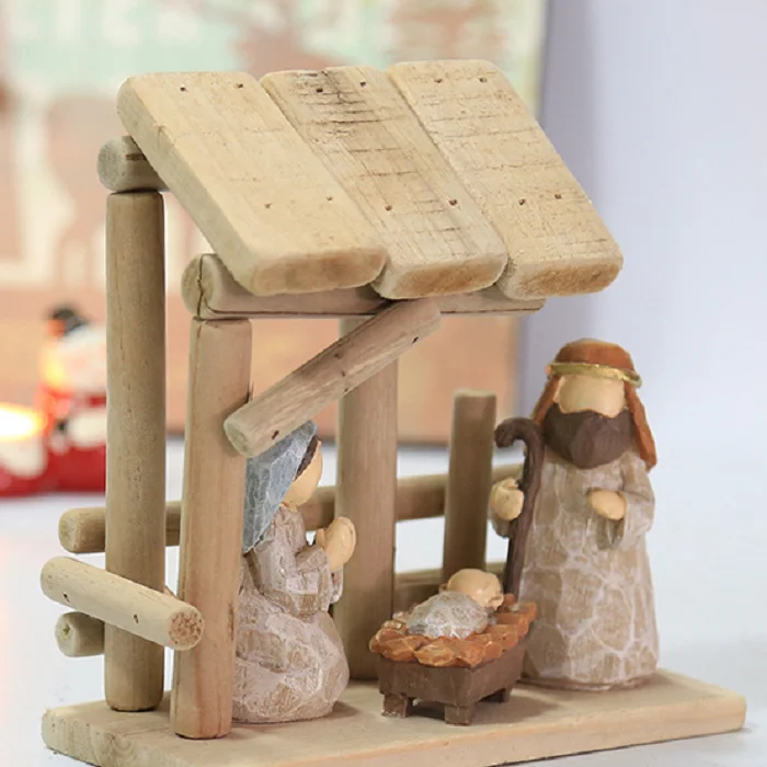 Christmas manger figures with wooden house Nativity ornaments home living room table top holiday decoration gift