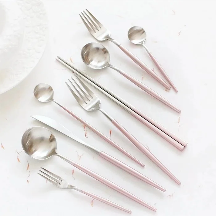 Розовая серебряная посуда с круглой ручкой, набор матовых столовых приборов для отеля, ресторана, вечеринки, Лидер продаж на Amazon