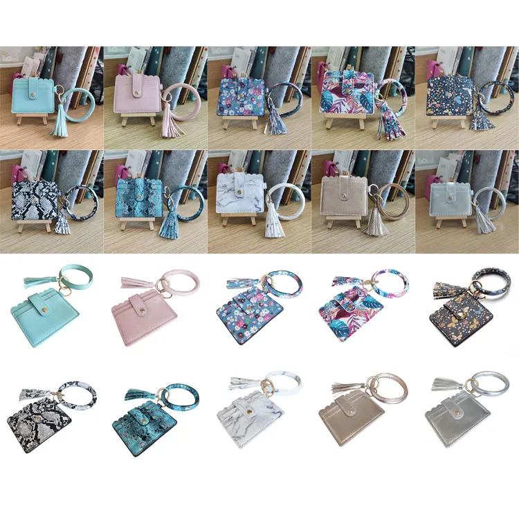 Women Bangle Snake Skin Pu Leather Id Card Holder Bracelet Keychain Wristlet Keychain Wallet With Tassel