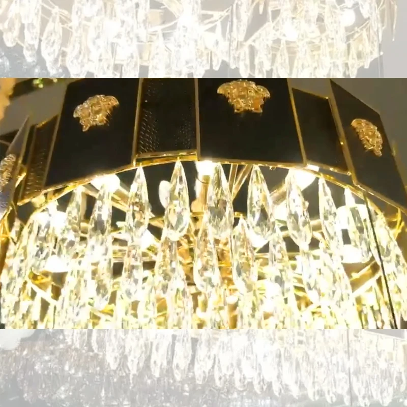 Luxury pendant light 2022 greek medusa style crocodile leather artistic black and gold round crystal chandelier