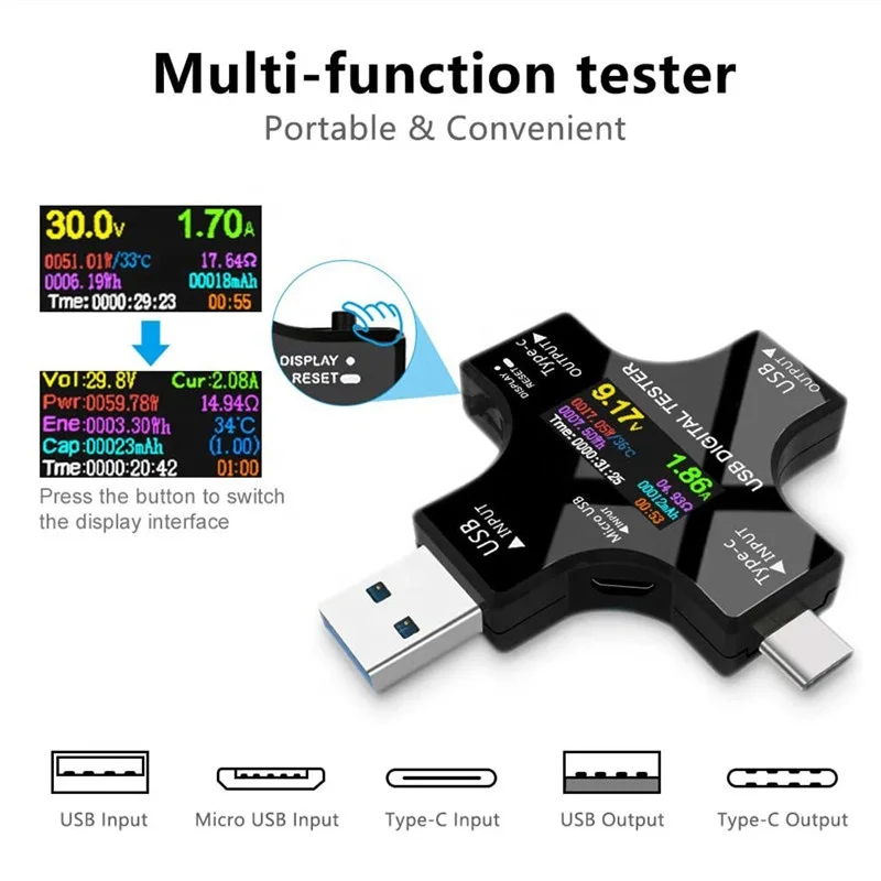 Мультиметр 2 в 1 измеритель напряжения и силы тока с цветным ЖК-дисплеем разъемом USB Type-C PD