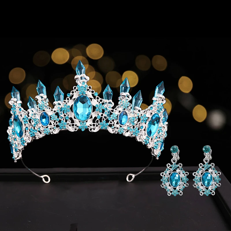 bridal Crown earrings set Wedding dresses tiara Crystal column royal crown for women jewelry