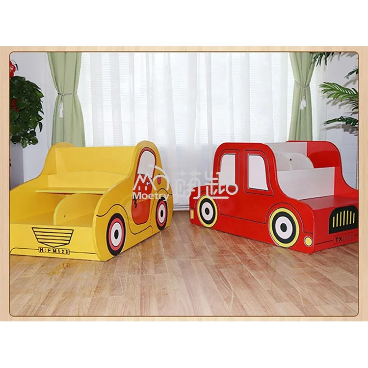 Moetry Car Shape Nursery Preschool Book Shelf Cartoon Wooden Kids Reading Center Bookshelf