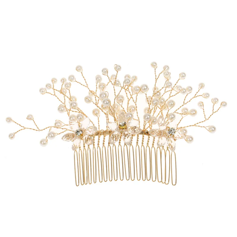 New Hot Gold Plated Handmade Copper Wire Crystal Flower Pearls Diverging Bridal Hair Accessories Headpieces Comb