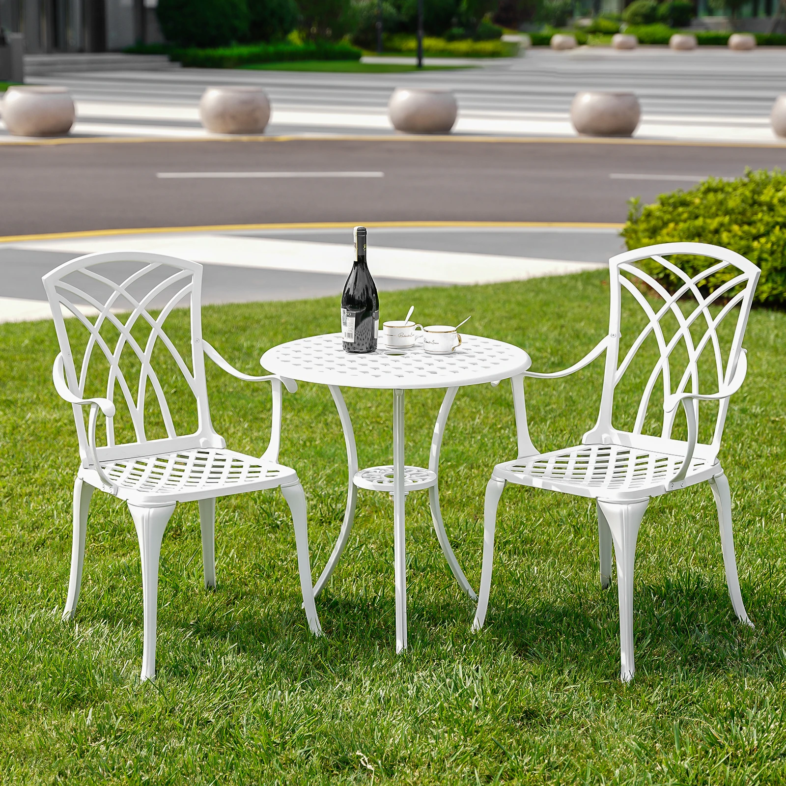 Metal Bistro Set 3 Piece, Cast Aluminum Bistro Table and Chairs Set with Umbrella Hole,Patio Furniture Set for Garden