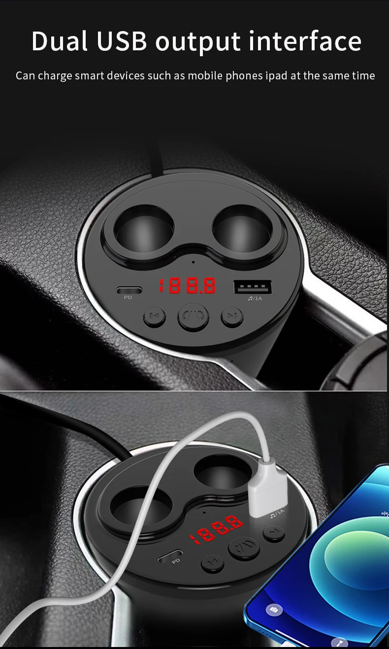 Car Accessories Power Adapter Charger 12-24V Switch Socket Splitter 2 Way Car Cigarette Lighter with Two USB