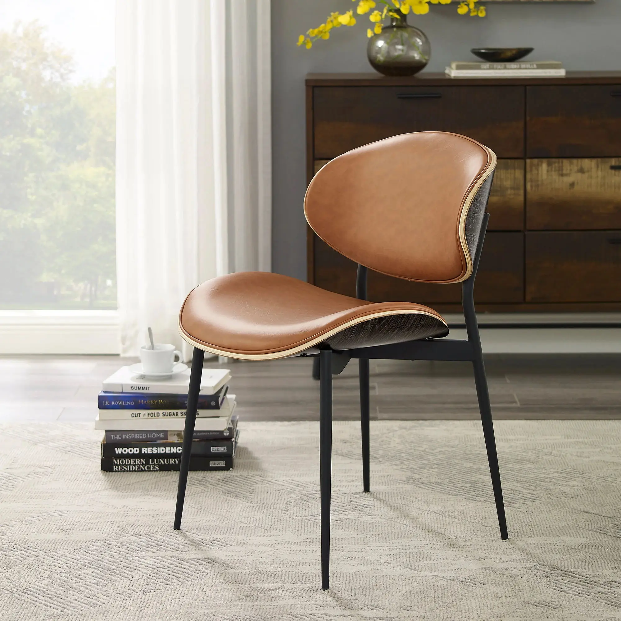 Nordic style brown restaurant modern leather pu dining chair with metal farme
