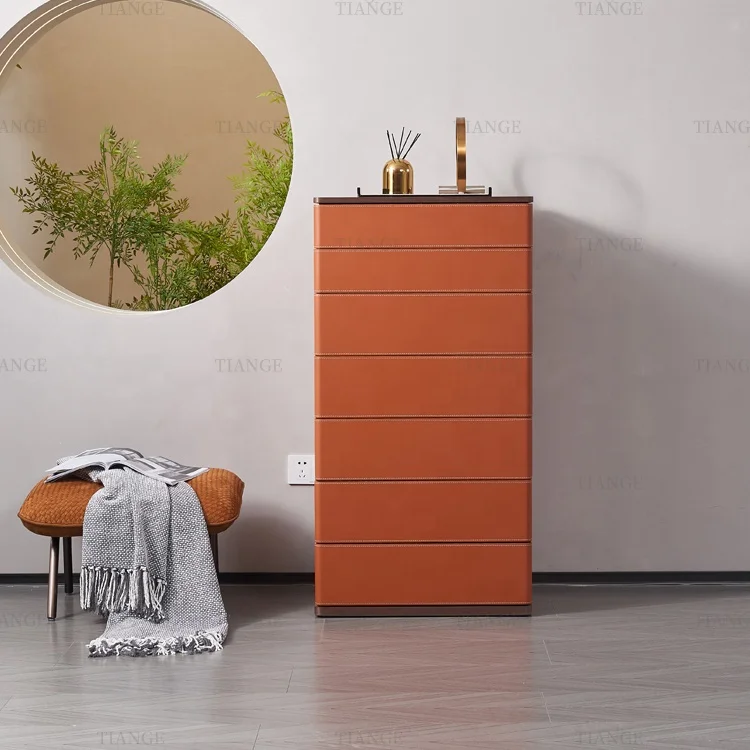 Cream Saddle Leather 7 Drawer Chest Dresser for Bedroom Tall Dresser Living Room Chest of Drawer Grey Storage Dresser