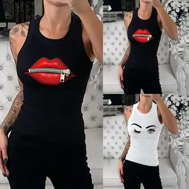 Custom Eyelash Print Womens Tank Top Summer Sleeveless Basic Cami Top Shirt Slim Racerback Tank Top