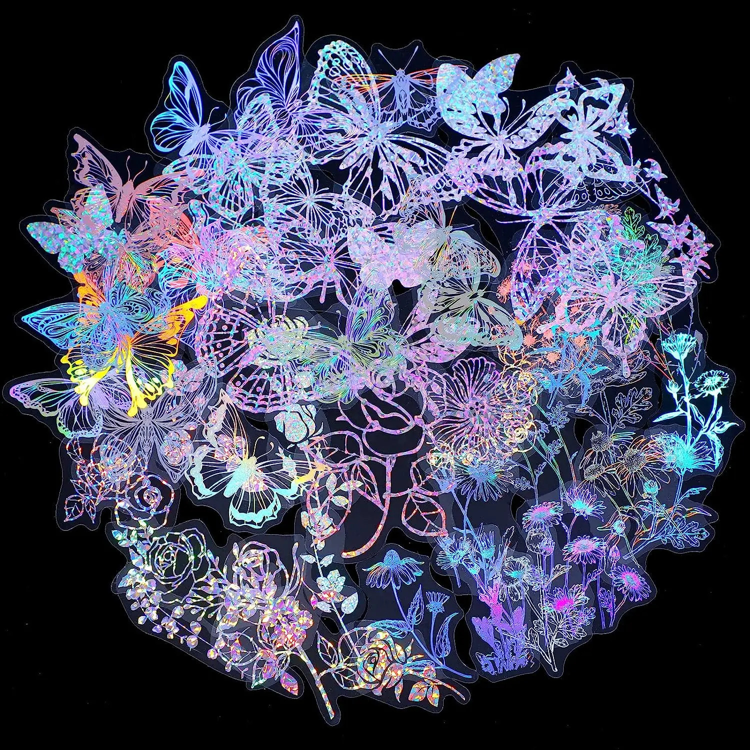 180 Pcs Holographic Glitter Butterfly Sticker Set Waterproof Plant Decorative Flower Decals Glitter Adhesive Sticker for Scrapbo