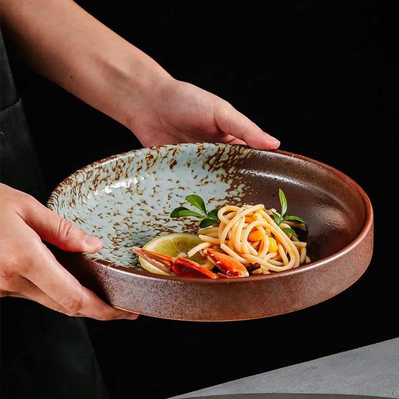 Salad Food Bowl Manufacturer Stoneware  Retro Reactive Handmade Restaurant Straight Ceramic Bowl Porcelain Pottery plate hotel