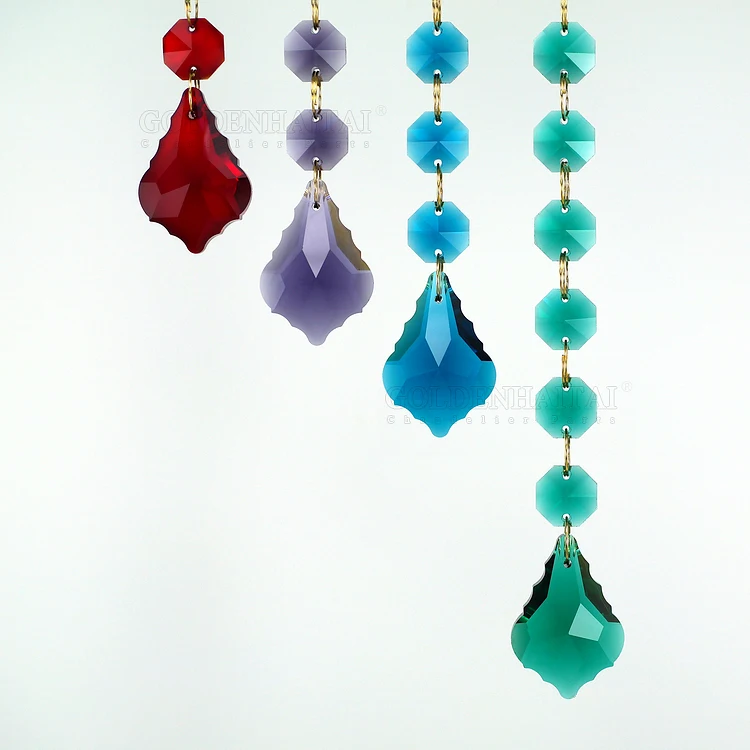 14mm crystal glass octagon beaded curtain with 38mm maple leaf  pendant hanging chandelier lighting garland chain