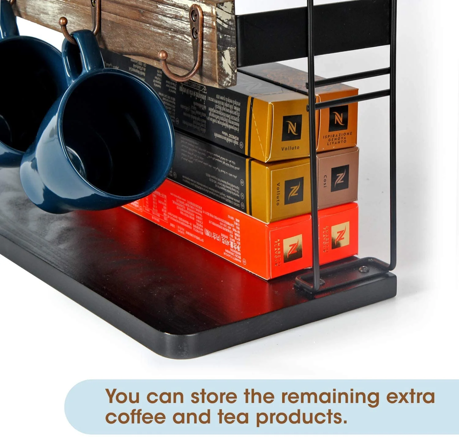 Rustic Wood Countertop 2 Tier Coffee Mug Cup Rack Holder Stand with Metal Frame and Wooden Shelf for Coffee Decor