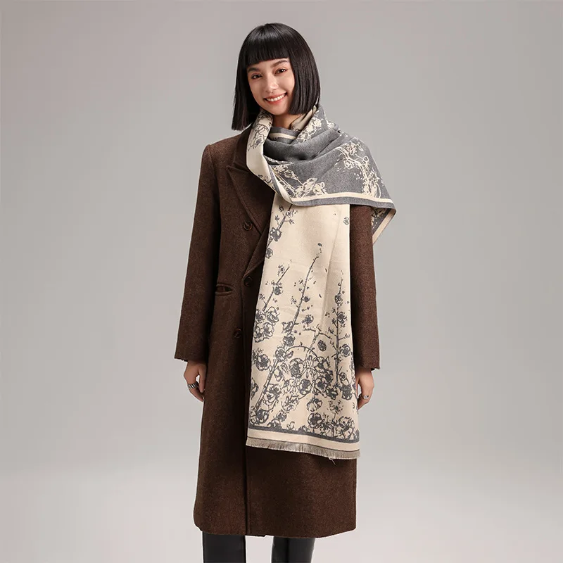 Newest Arrival Custom Logo Luxury Designer Flower Pattern Pashmina Shawl For Women Winter Warm Double-side Soft Cashmere Scarves