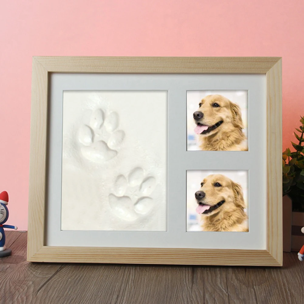 Creative Pet Photo Frame Pet Paw Prints Clay Memorial Photo Frame Solid Wooden Picture Souvenir Home Table Ornament