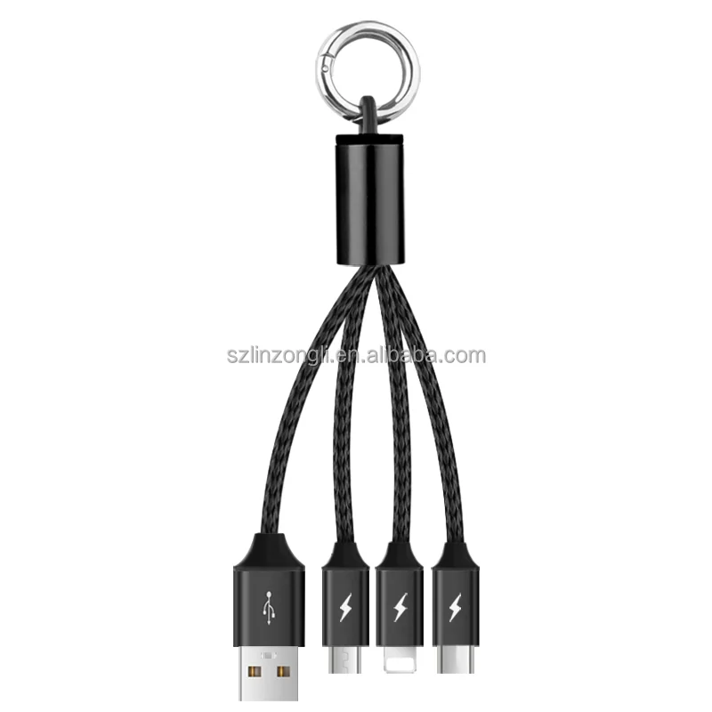 Accept OEM logo Universal Adapter Cord with Type C Micro Connectors Multi USB Cable Charger Line Charging Cable 4 in 1 Keychain