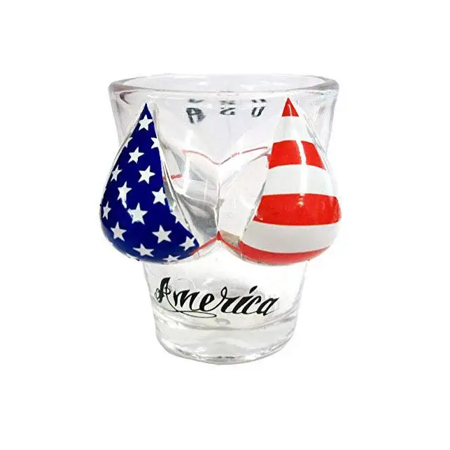 Custom logo engrave etched clear glass color souvenir sexy flag bikini boob shot glass with bekinie