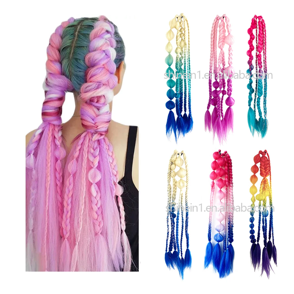 Shinein 24in Handmade Synthetic Color Bubble Braided Ponytail Ombre Hair Extensions Cosplay Kinky Straight Stick