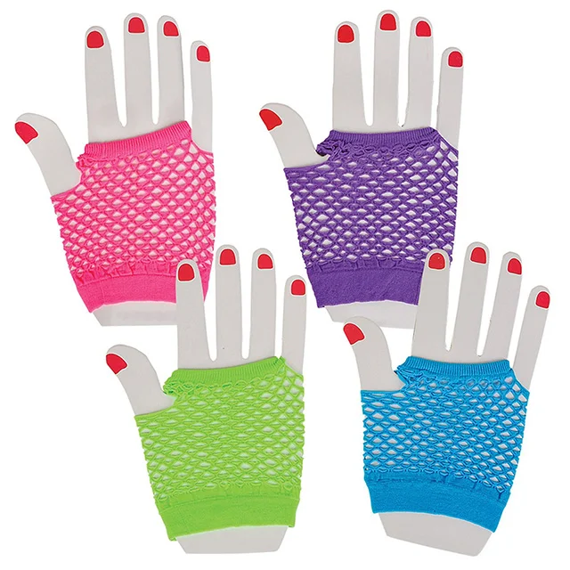 80s Party Costume Fingerless Fishnet Neon Short Gloves Net Mesh Fingerless Gloves for Women and Girls