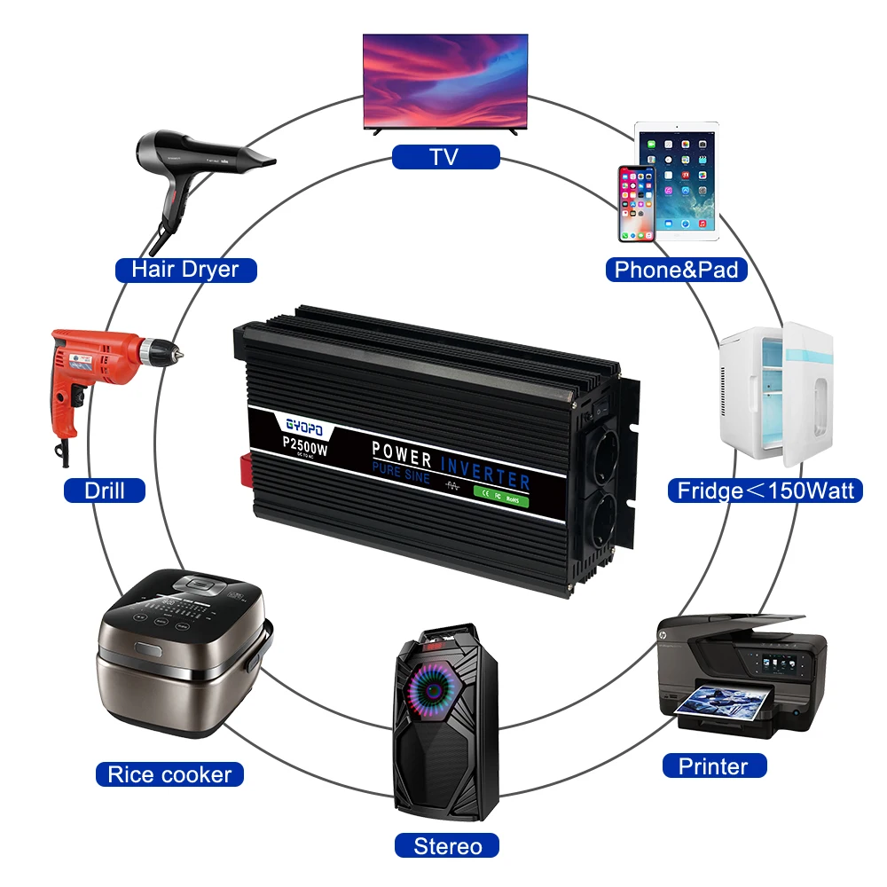 2500W Pure Sine Wave Power Inverter, Supply 12V DC to 220V AC Peak Power 5000W, Used for RV Car Solar System