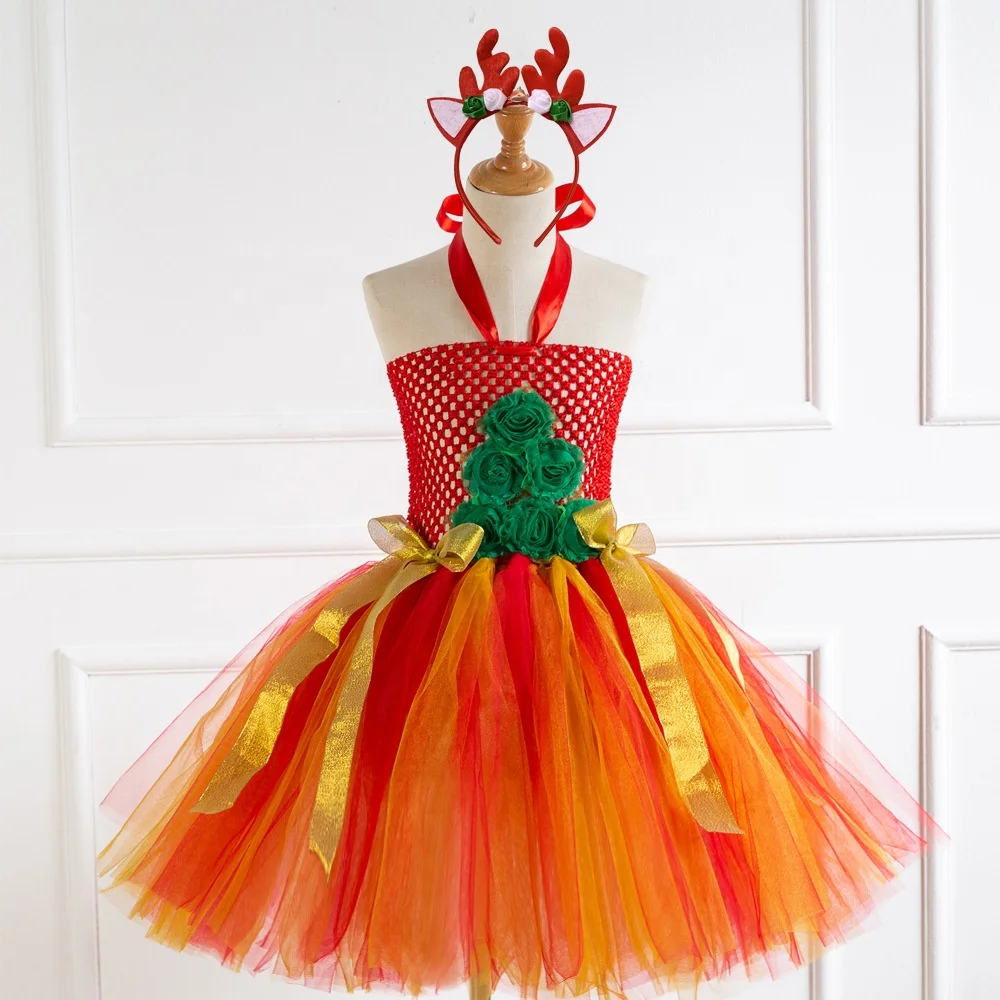 
New Design Christmas Tulle Dress Girls Orange Tutu Skirts With Free Elk Horn Headdress 